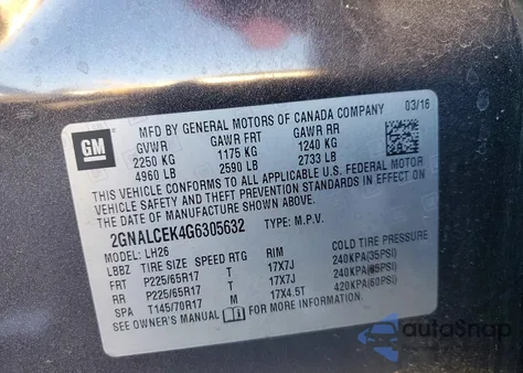2016 Chevrolet Equinox Lt z USA, uszkodzony, nr VIN 2GNALCEK4G6305632